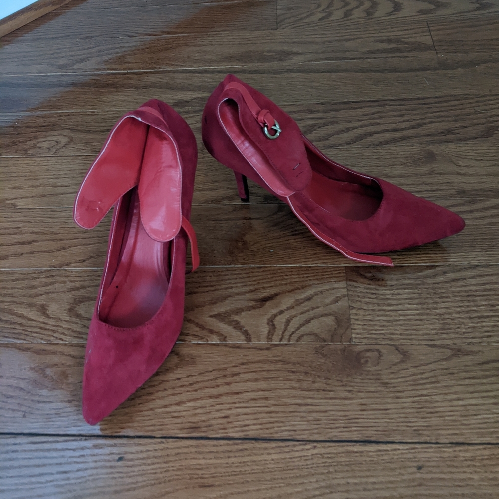 Red Stiletto Heels with Suede Ankle Strap Lacing Gold Buckle Size 10 Women's